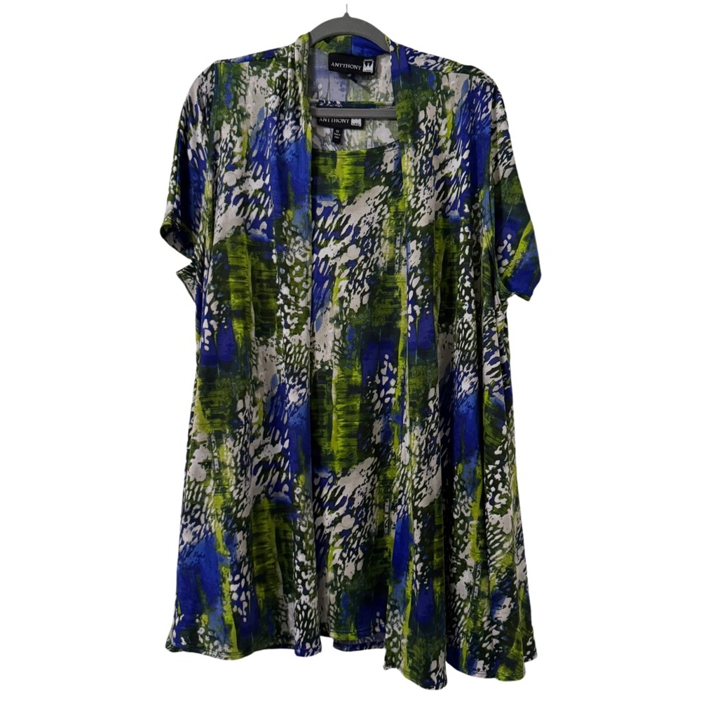 Antthony 2 Piece Blue Green Abstract & Top Open Front Cardigan Size 1X Artsy
